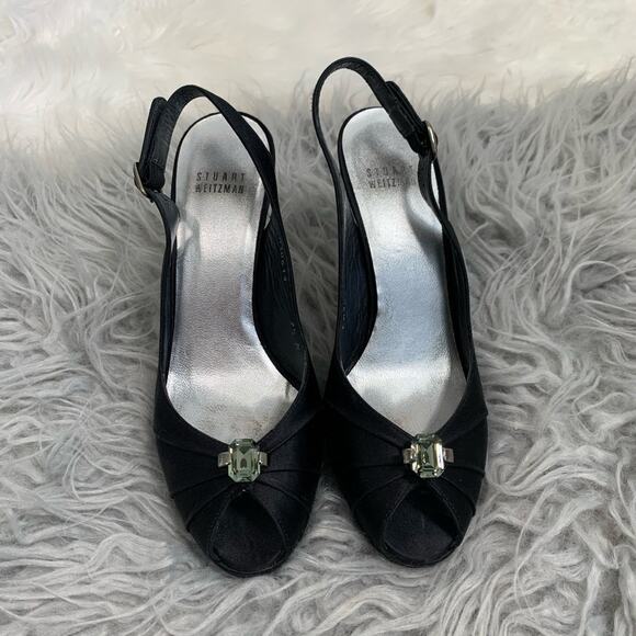 5/$30 Stuart Weitzman Satin Peep Toe Sling Back Heels - Picture 1 of 7